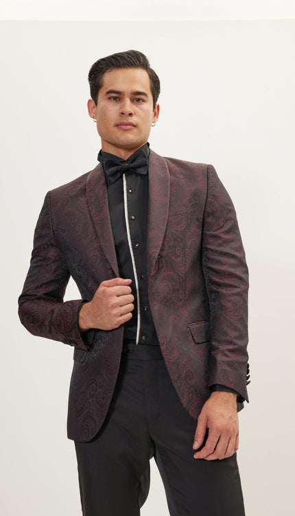 Paisley Shawl Lapel Tuxedo Jacket - Burgundy