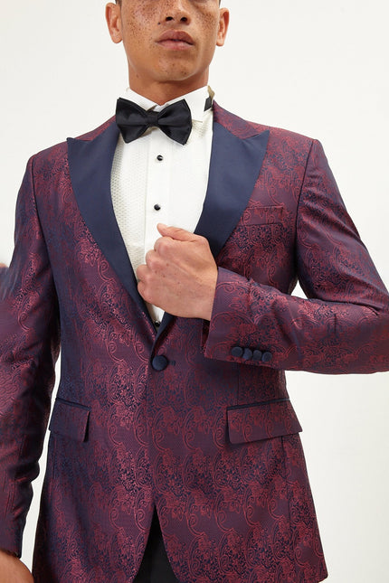 Men's Paisley Peak Lapel Tuxedo Jacket- Burgundy | Ron Tomson