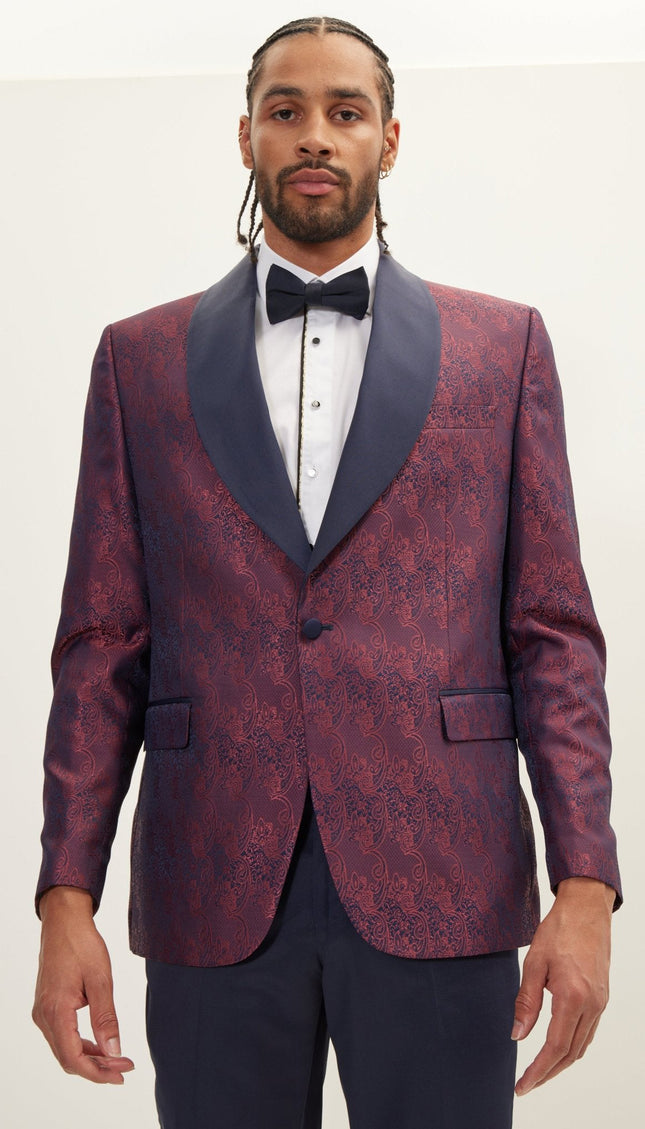 Paisley Shawl Lapel Tuxedo Jacket - Burgundy