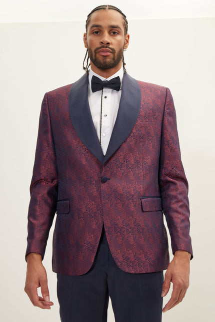 Men's Paisley Shawl Lapel Tuxedo Jacket - Burgundy | Ron Tomson