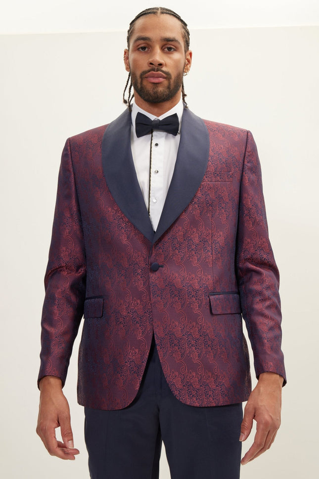 Men's Paisley Shawl Lapel Tuxedo Jacket - Burgundy | Ron Tomson
