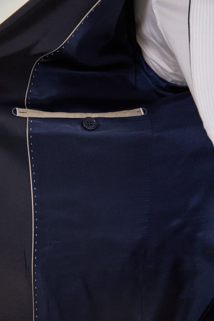 Men's Paisley Peak Lapel Tuxedo Jacket - Navy Beige | Ron Tomson