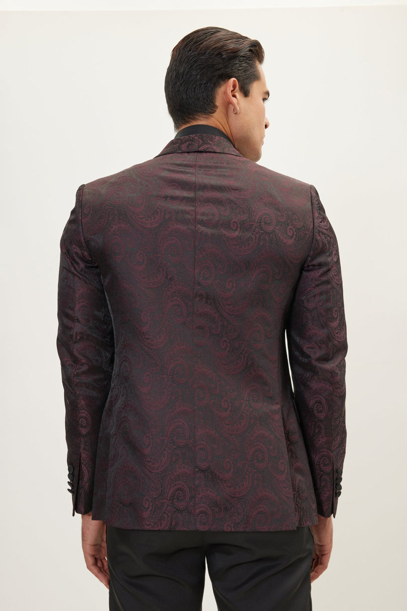 Men's Paisley Shawl Lapel Tuxedo Jacket - Burgundy | Ron Tomson