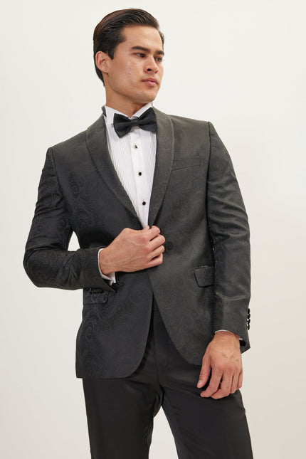 Men's Paisley Shawl Lapel Tuxedo Jacket - Black | Ron Tomson