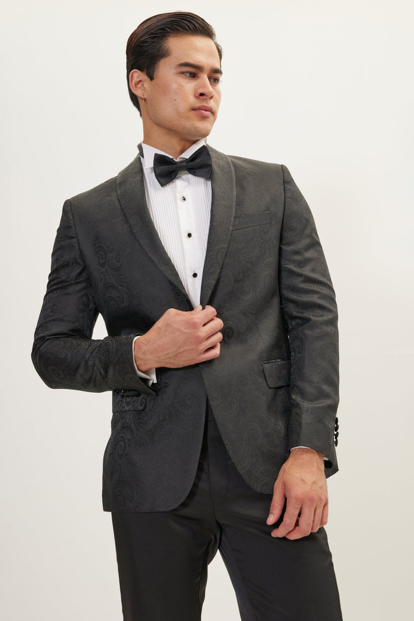Men's Paisley Shawl Lapel Tuxedo Jacket - Black | Ron Tomson
