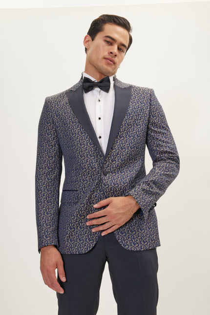 Men's Paisley Peak Lapel Tuxedo Jacket - Navy Beige | Ron Tomson
