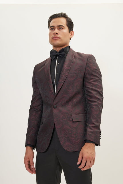 Men's Paisley Shawl Lapel Tuxedo Jacket - Burgundy | Ron Tomson