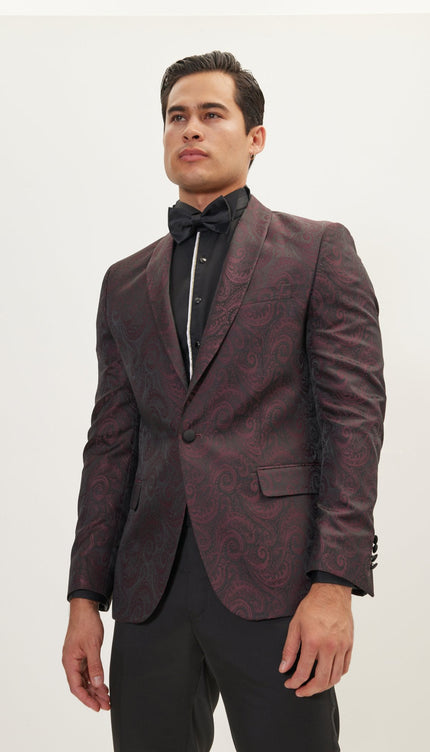 Paisley Shawl Lapel Tuxedo Jacket - Burgundy
