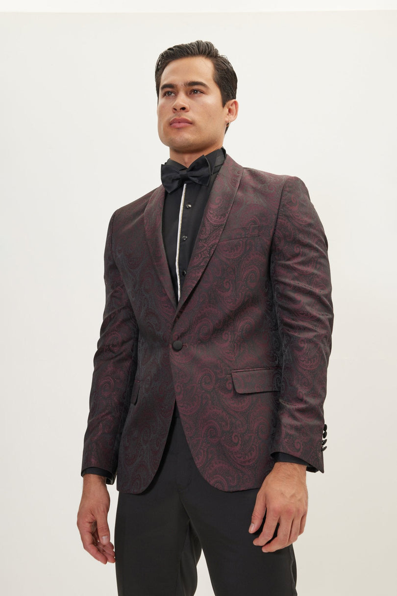Men's Paisley Shawl Lapel Tuxedo Jacket - Burgundy | Ron Tomson