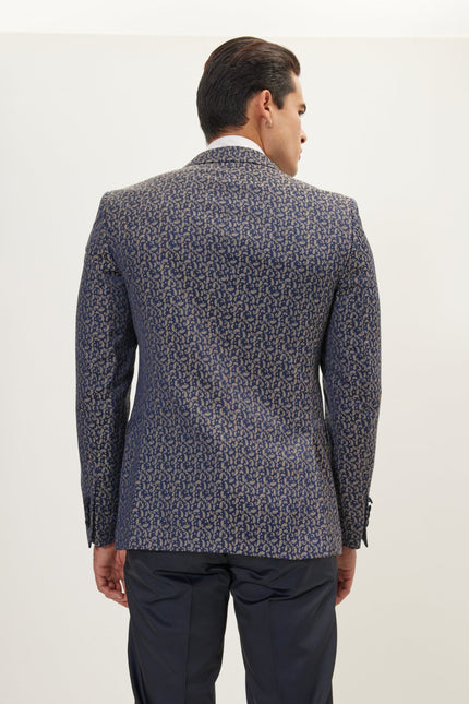 Men's Paisley Peak Lapel Tuxedo Jacket - Navy Beige | Ron Tomson