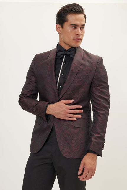 Men's Paisley Shawl Lapel Tuxedo Jacket - Burgundy | Ron Tomson