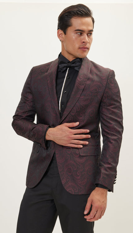 Paisley Shawl Lapel Tuxedo Jacket - Burgundy