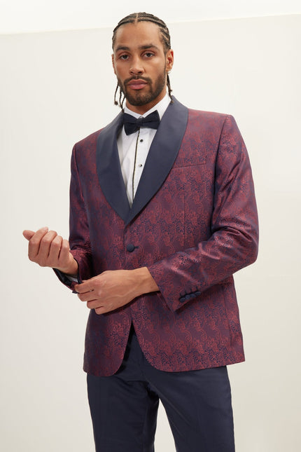 Men's Paisley Shawl Lapel Tuxedo Jacket - Burgundy | Ron Tomson