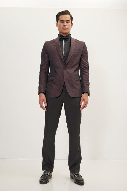 Men's Paisley Shawl Lapel Tuxedo Jacket - Burgundy | Ron Tomson