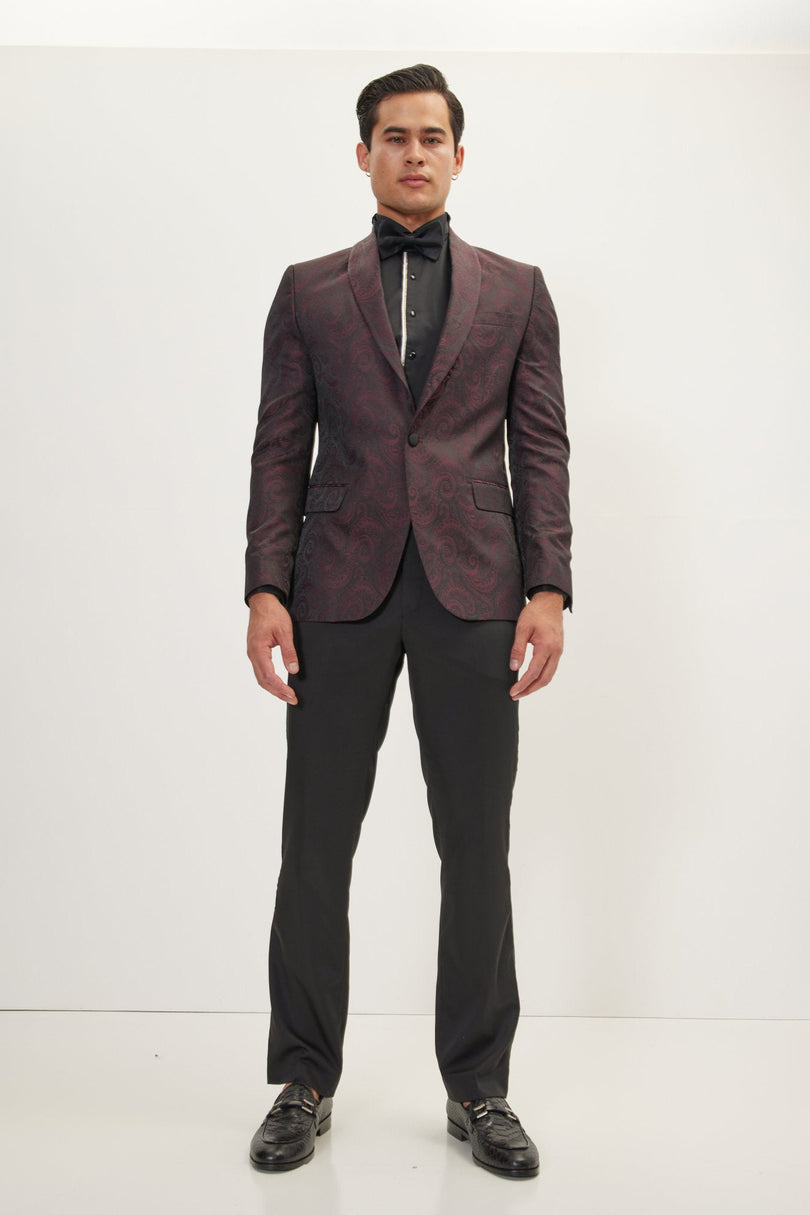 Men's Paisley Shawl Lapel Tuxedo Jacket - Burgundy | Ron Tomson