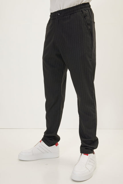 Men's Relaxed Pinstripe Drawstring Casual Pants - Black Anthracite | Ron Tomson