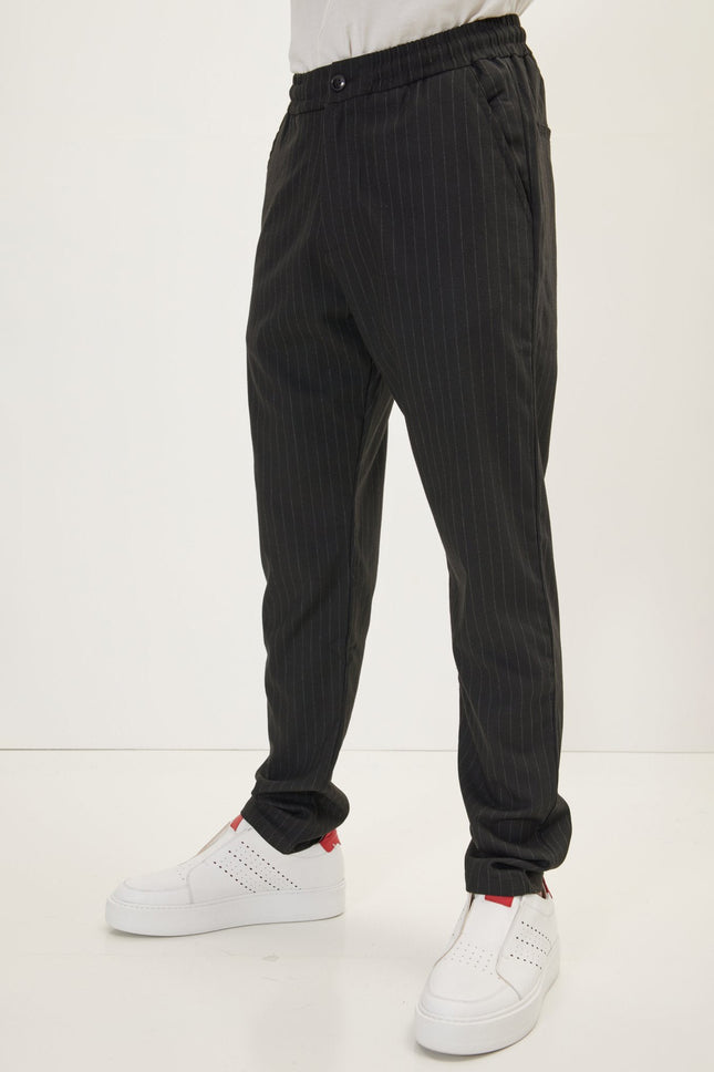 Men's Relaxed Pinstripe Drawstring Casual Pants - Black Anthracite | Ron Tomson
