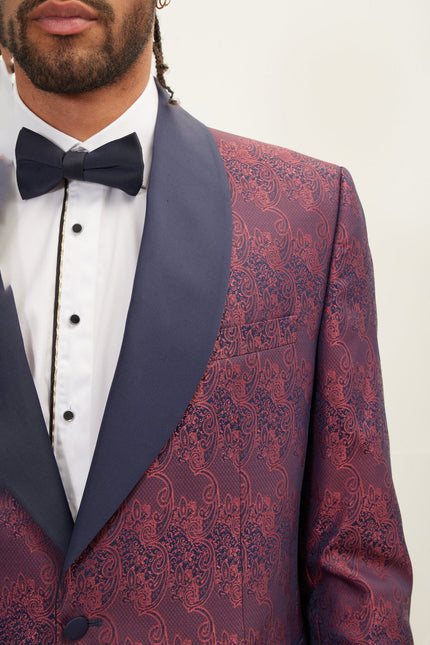 Men's Paisley Shawl Lapel Tuxedo Jacket - Burgundy | Ron Tomson