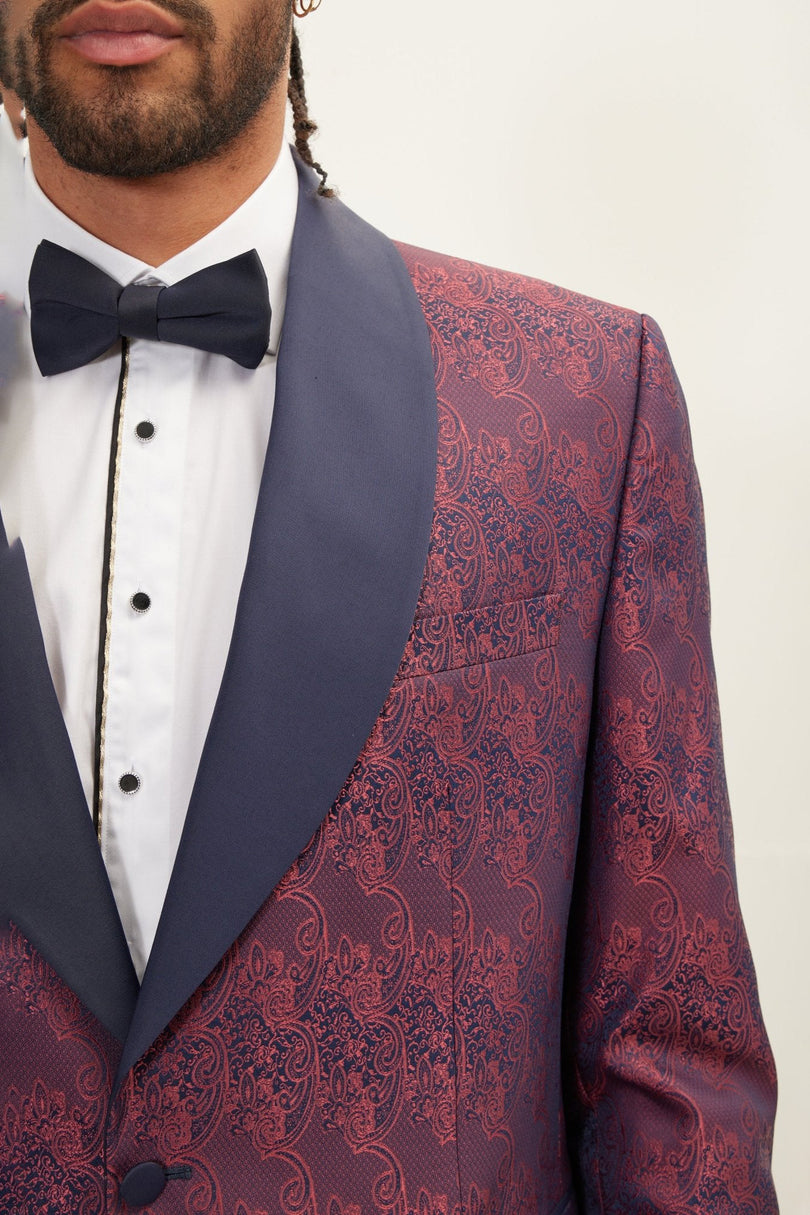 Men's Paisley Shawl Lapel Tuxedo Jacket - Burgundy | Ron Tomson