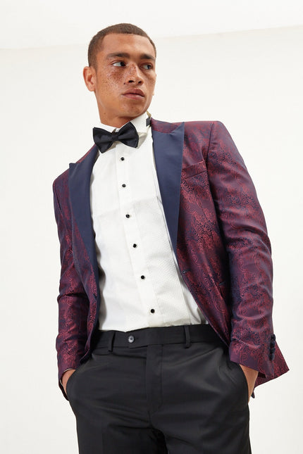 Men's Paisley Peak Lapel Tuxedo Jacket- Burgundy | Ron Tomson