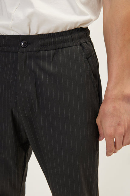 Men's Relaxed Pinstripe Drawstring Casual Pants - Black Anthracite | Ron Tomson