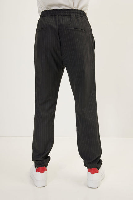 Men's Relaxed Pinstripe Drawstring Casual Pants - Black Anthracite | Ron Tomson