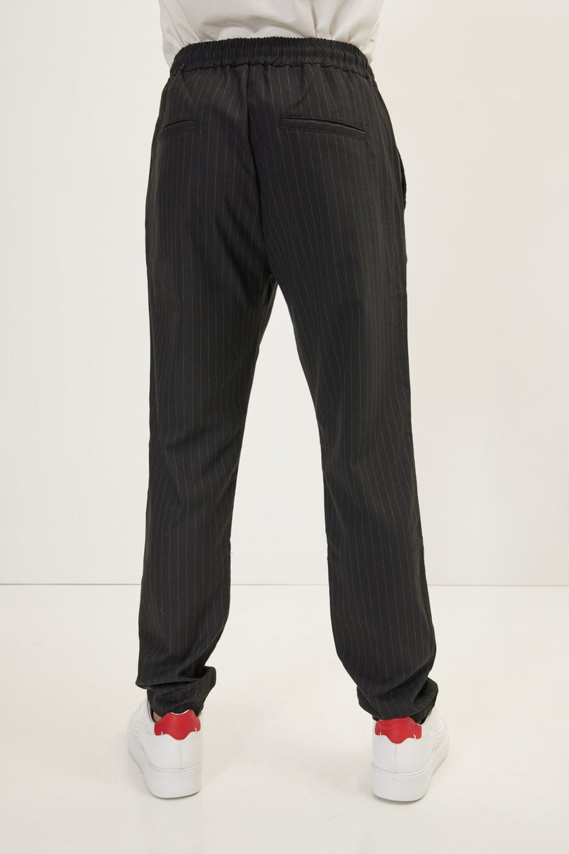 Men's Relaxed Pinstripe Drawstring Casual Pants - Black Anthracite | Ron Tomson