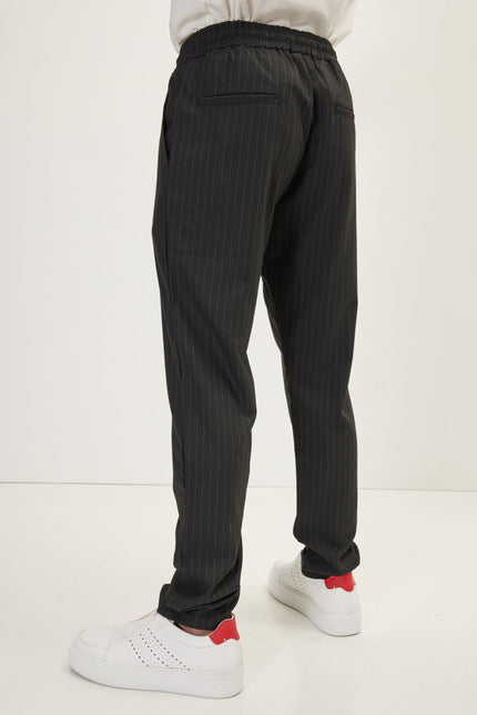 Men's Relaxed Pinstripe Drawstring Casual Pants - Black Anthracite | Ron Tomson