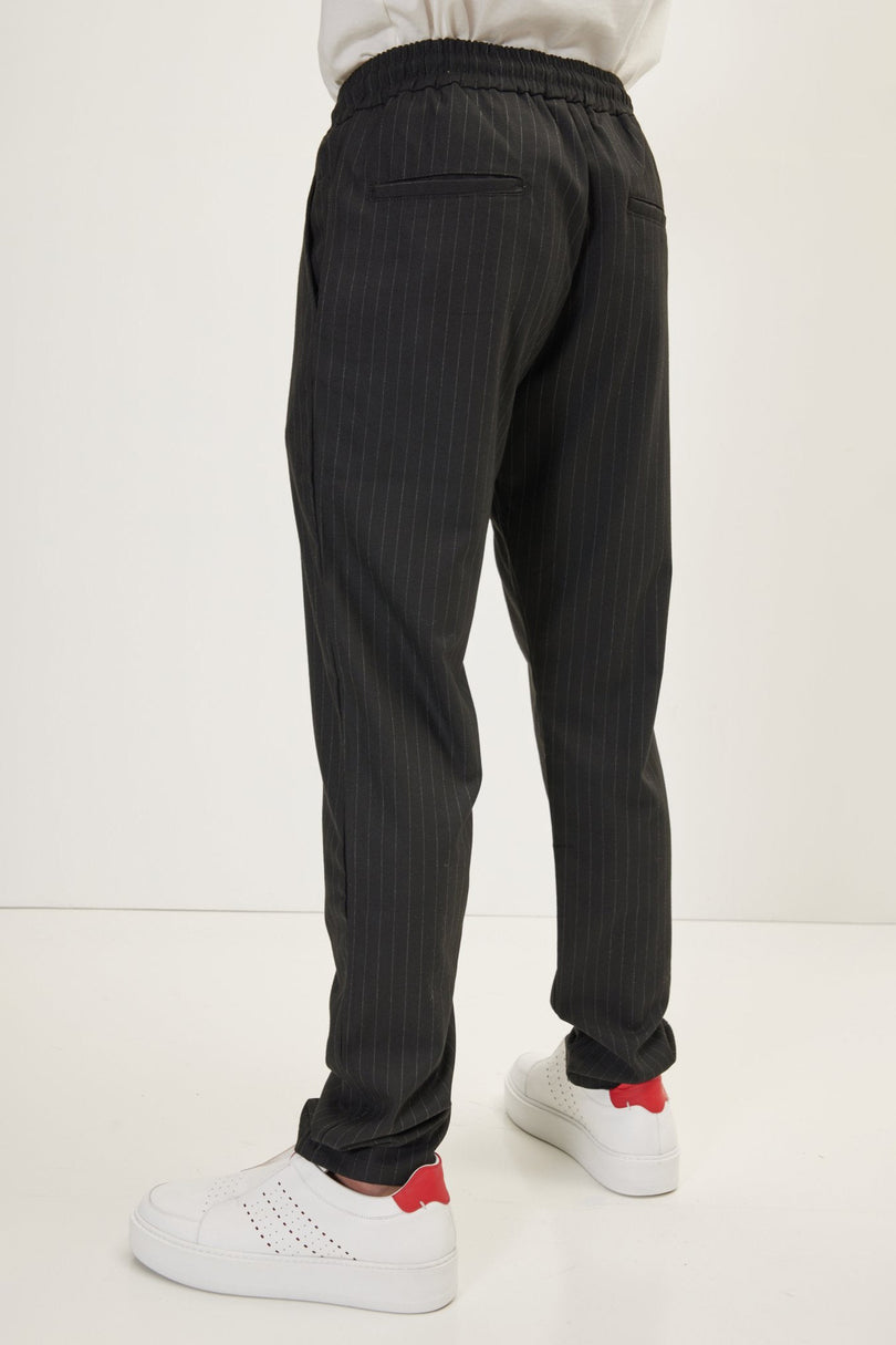 Men's Relaxed Pinstripe Drawstring Casual Pants - Black Anthracite | Ron Tomson