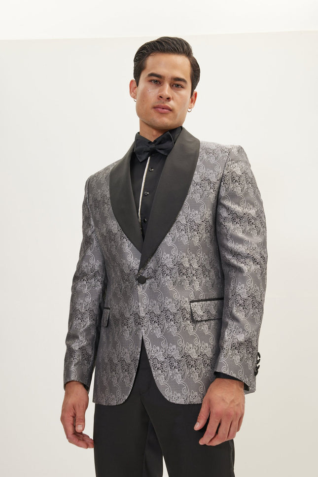 Men's Paisley Shawl Lapel Tuxedo Jacket - Silver | Ron Tomson
