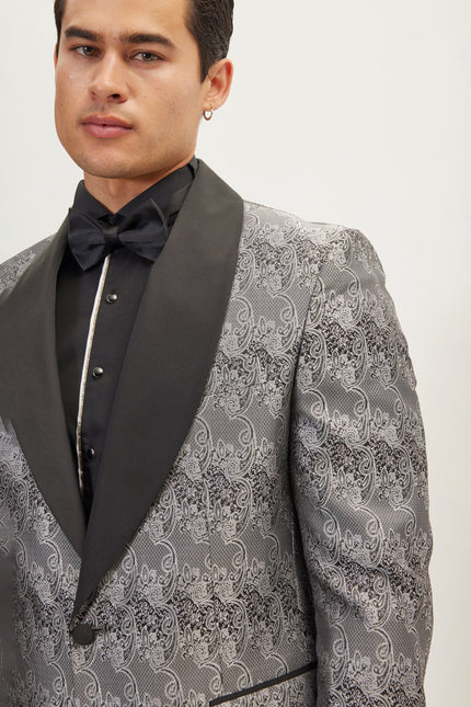 Men's Paisley Shawl Lapel Tuxedo Jacket - Silver | Ron Tomson