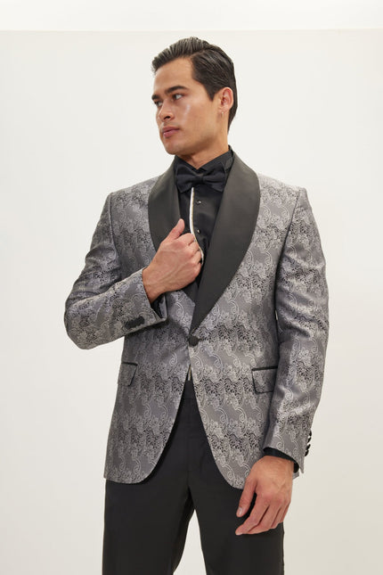 Men's Paisley Shawl Lapel Tuxedo Jacket - Silver | Ron Tomson
