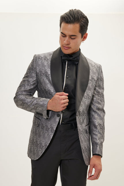 Men's Paisley Shawl Lapel Tuxedo Jacket - Silver | Ron Tomson