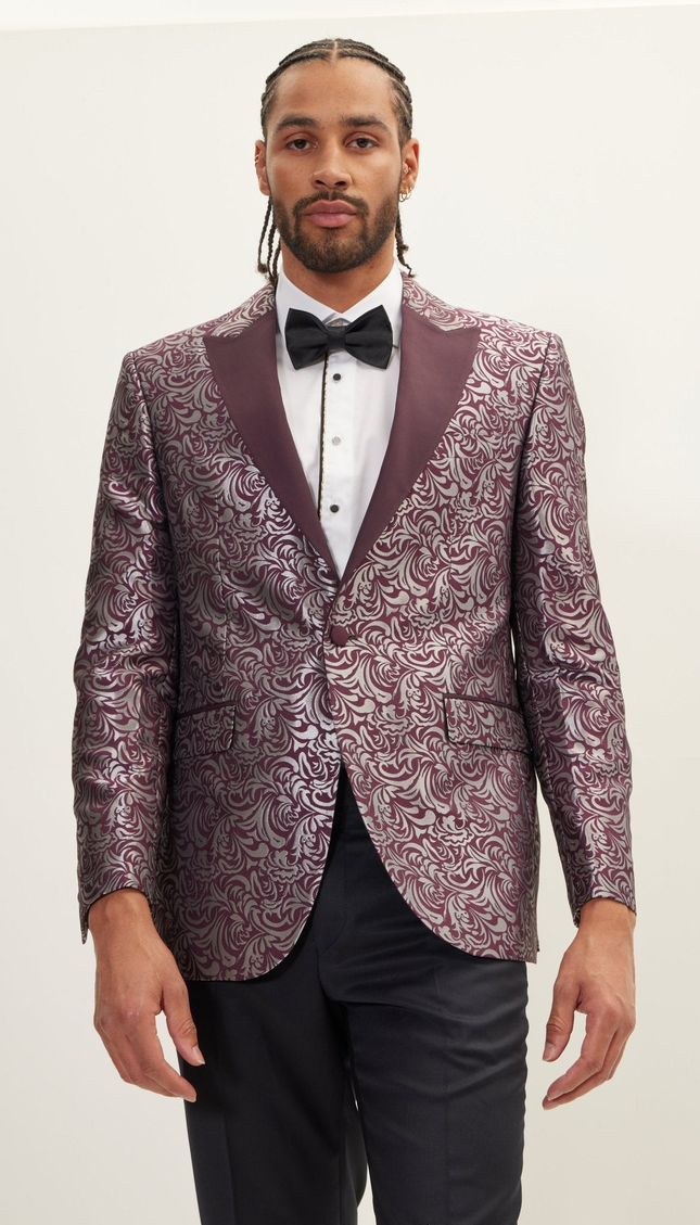 Peak Lapel Paisley Tuxedo Jacket - Silver Burgundy