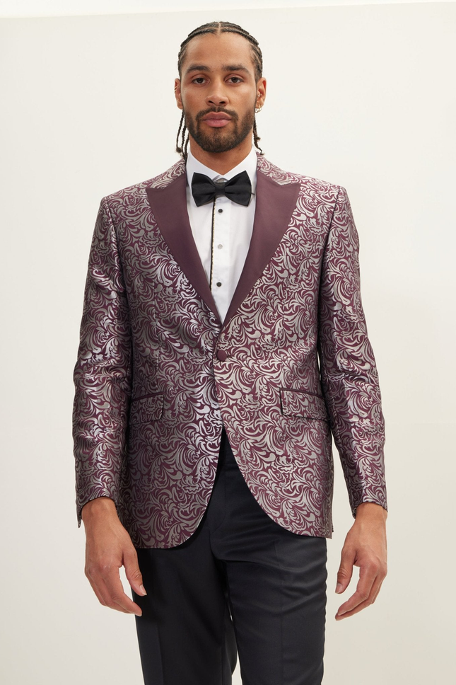 Men's Peak Lapel Paisley Tuxedo Jacket - Silver Burgundy | Ron Tomson