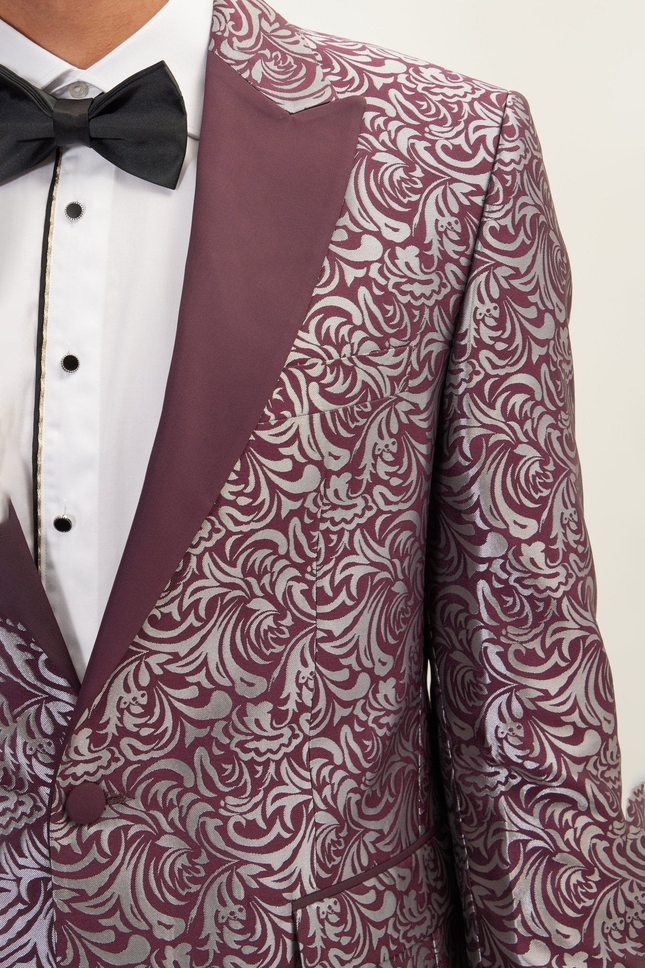 Men's Peak Lapel Paisley Tuxedo Jacket - Silver Burgundy | Ron Tomson