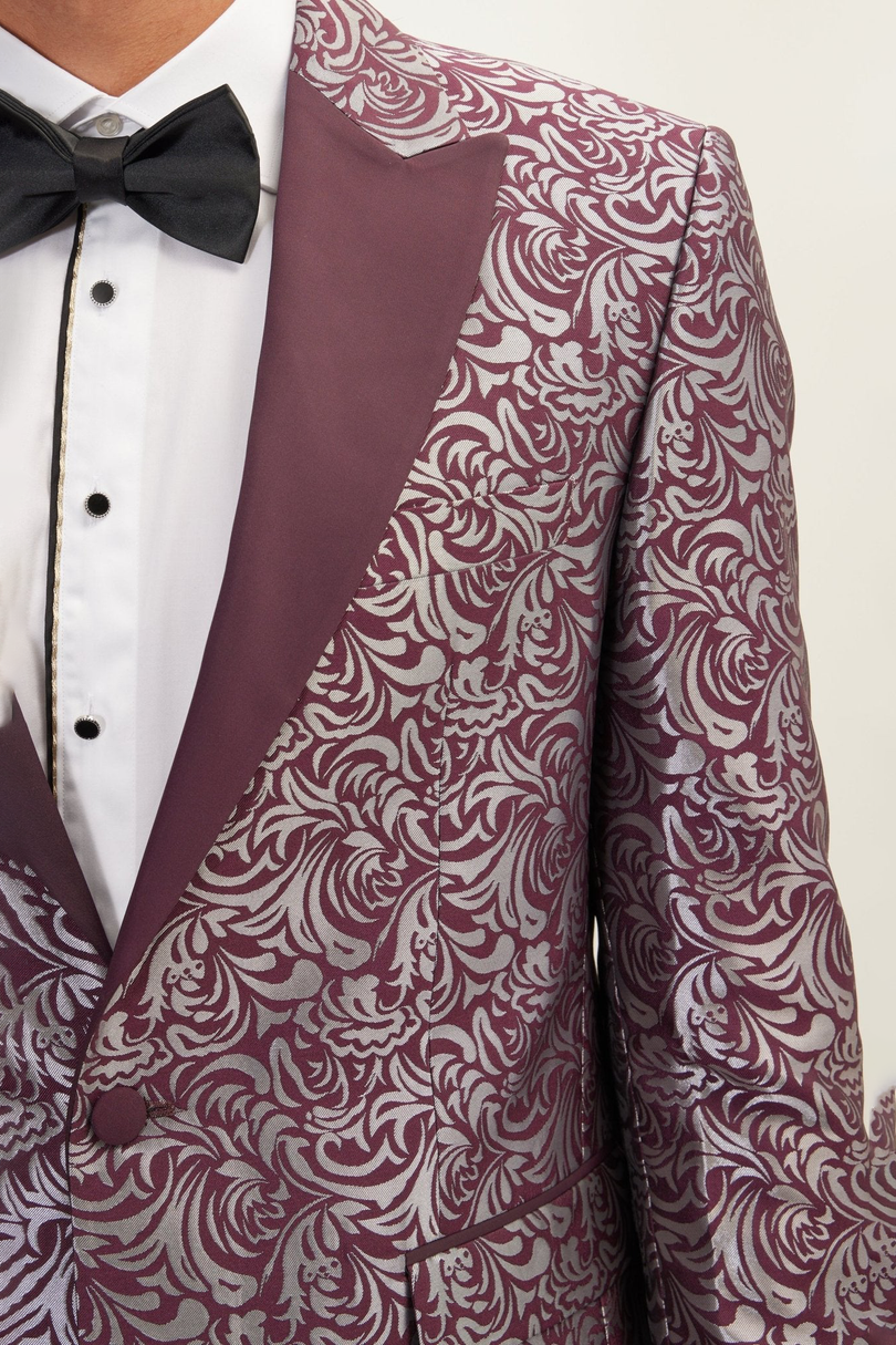 Men's Peak Lapel Paisley Tuxedo Jacket - Silver Burgundy | Ron Tomson