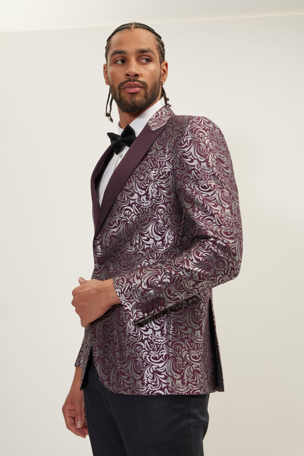 Men's Peak Lapel Paisley Tuxedo Jacket - Silver Burgundy | Ron Tomson