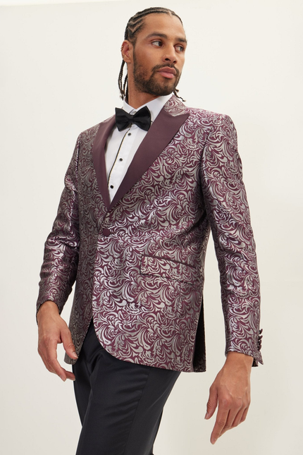Men's Peak Lapel Paisley Tuxedo Jacket - Silver Burgundy | Ron Tomson
