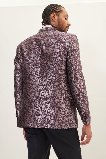 Men's Peak Lapel Paisley Tuxedo Jacket - Silver Burgundy | Ron Tomson