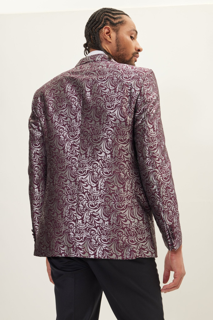 Men's Peak Lapel Paisley Tuxedo Jacket - Silver Burgundy | Ron Tomson