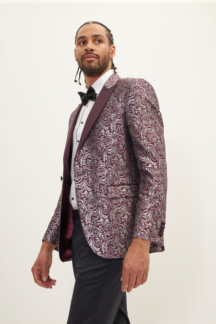 Men's Peak Lapel Paisley Tuxedo Jacket - Silver Burgundy | Ron Tomson