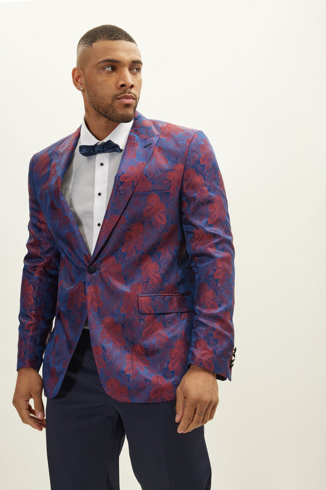 Men's Floral Peak Lapel Tuxedo Jacket - Red | Ron Tomson