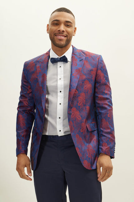 Men's Floral Peak Lapel Tuxedo Jacket - Red | Ron Tomson