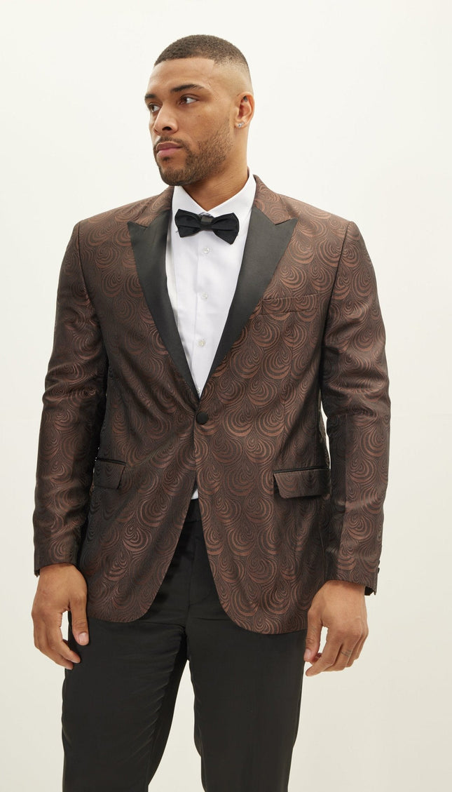 Peak Lapel Tuxedo Jacket - Leaf Jacquard Coffee