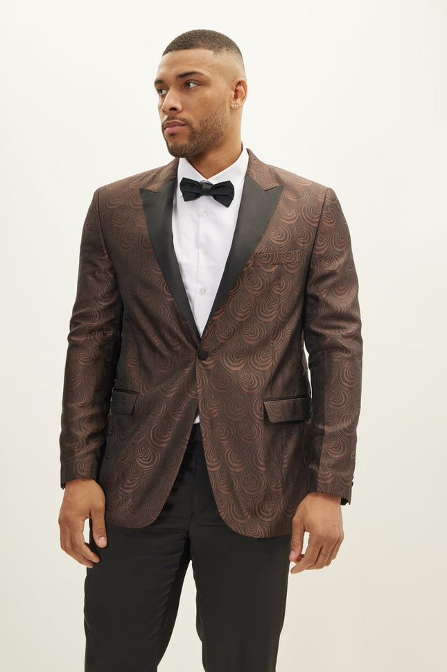 Men's Peak Lapel Tuxedo Jacket - Leaf Jacquard Coffee | Ron Tomson