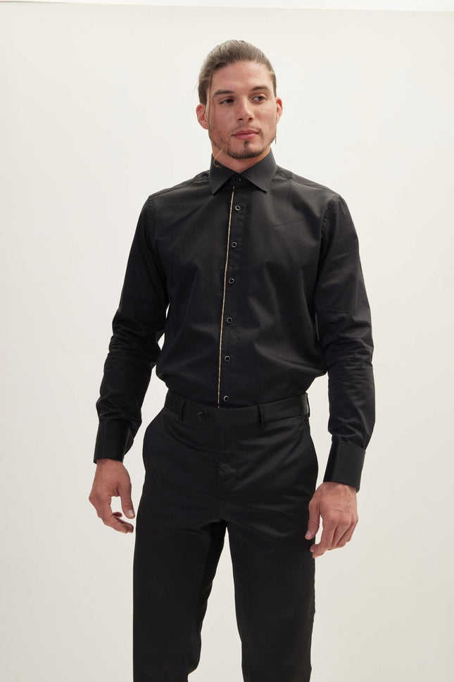 Men's Glitter-Piped Tuxedo Shirt - Black | Ron Tomson