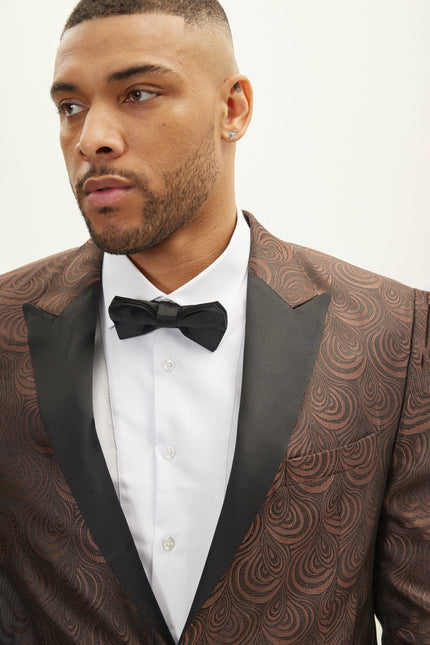 Men's Peak Lapel Tuxedo Jacket - Leaf Jacquard Coffee | Ron Tomson