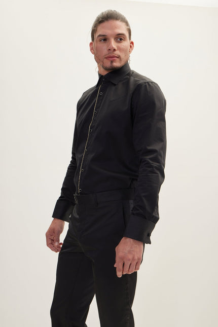 Men's Glitter-Piped Tuxedo Shirt - Black | Ron Tomson