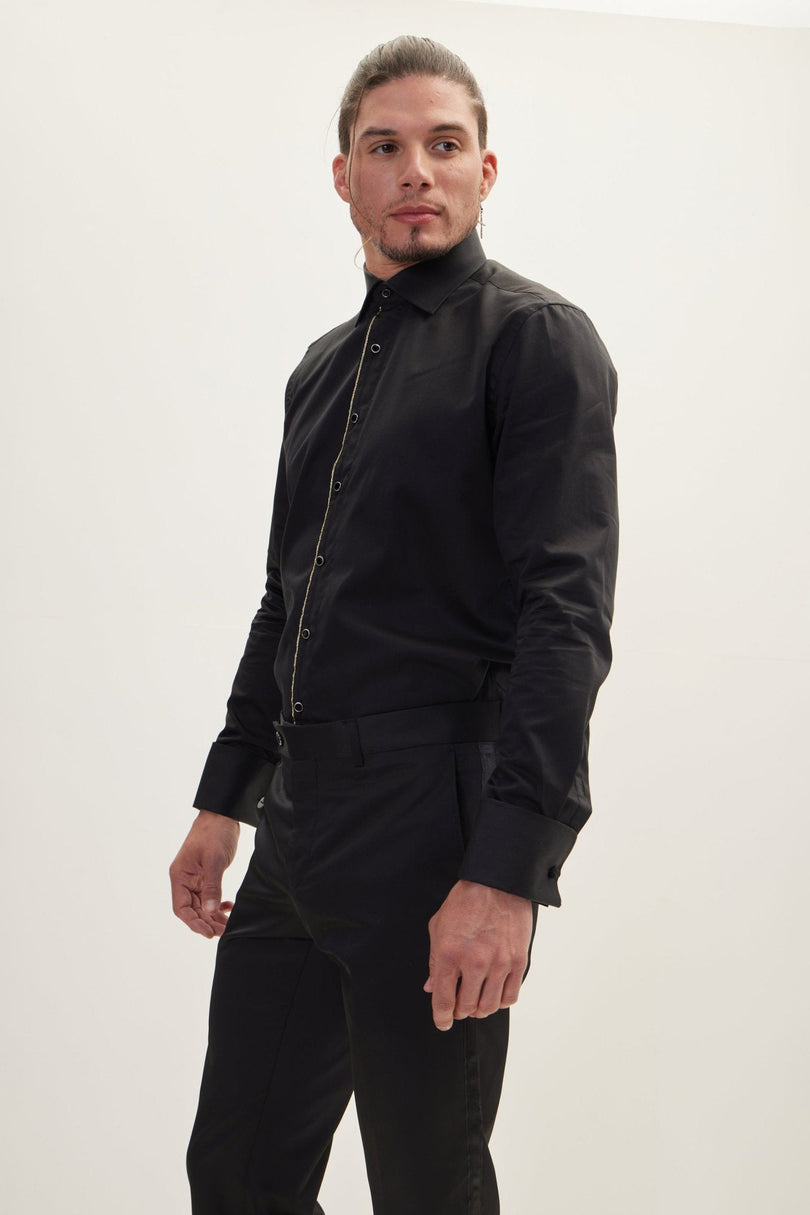 Men's Glitter-Piped Tuxedo Shirt - Black | Ron Tomson